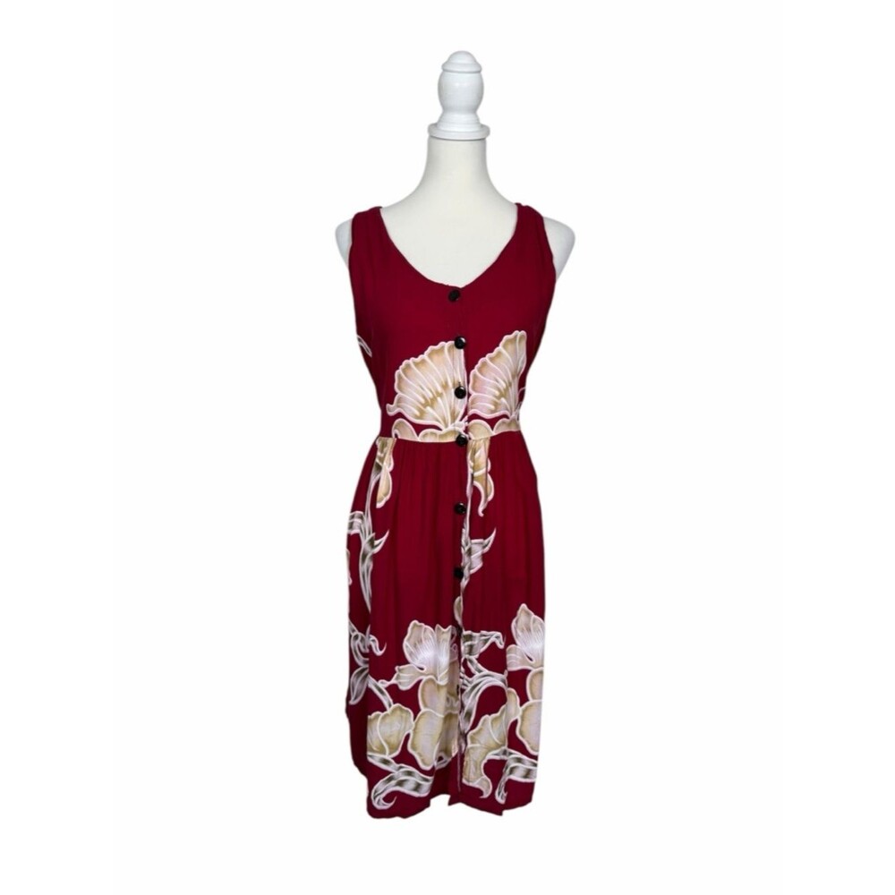 Caribbean Girl Vintage Floral Midi Dress Size L Button Front Tie Waist Summer